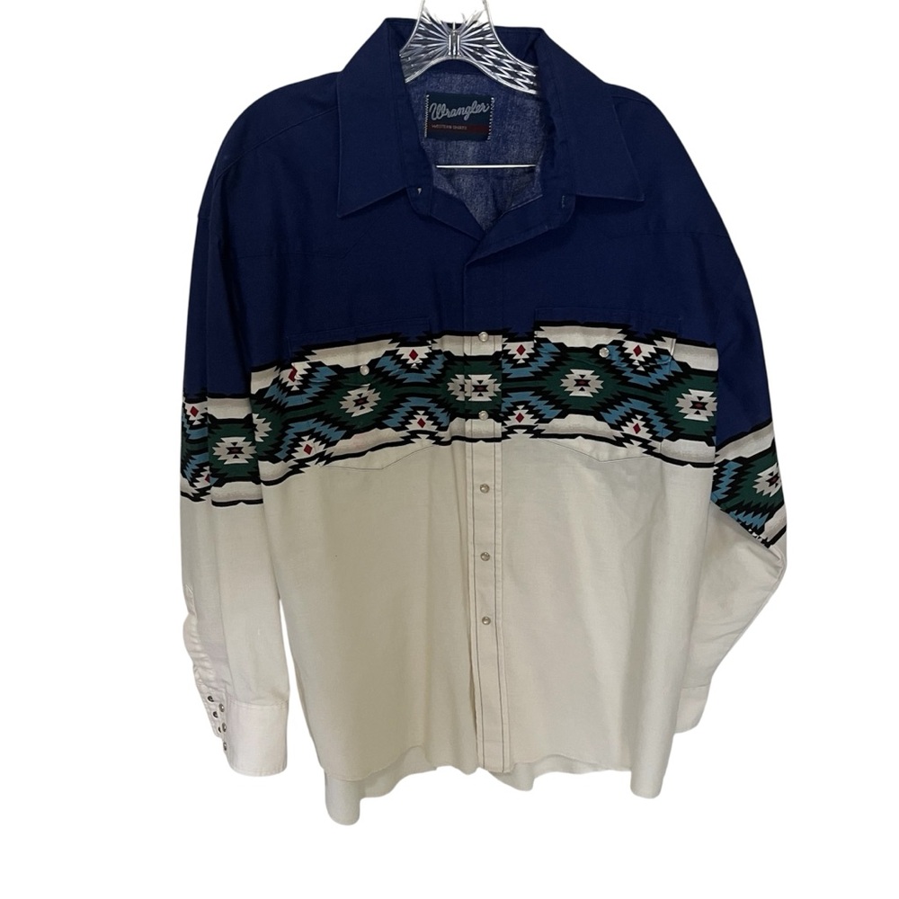 Wrangler Vintage Men's Blue and Cream Patterned no tag 2XL neck 18 1/2 sleeve 35